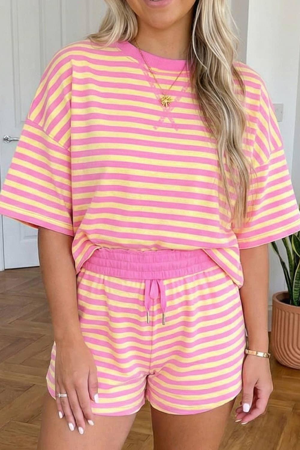 Stripe Print Contrast Trim 2pcs Shorts Set