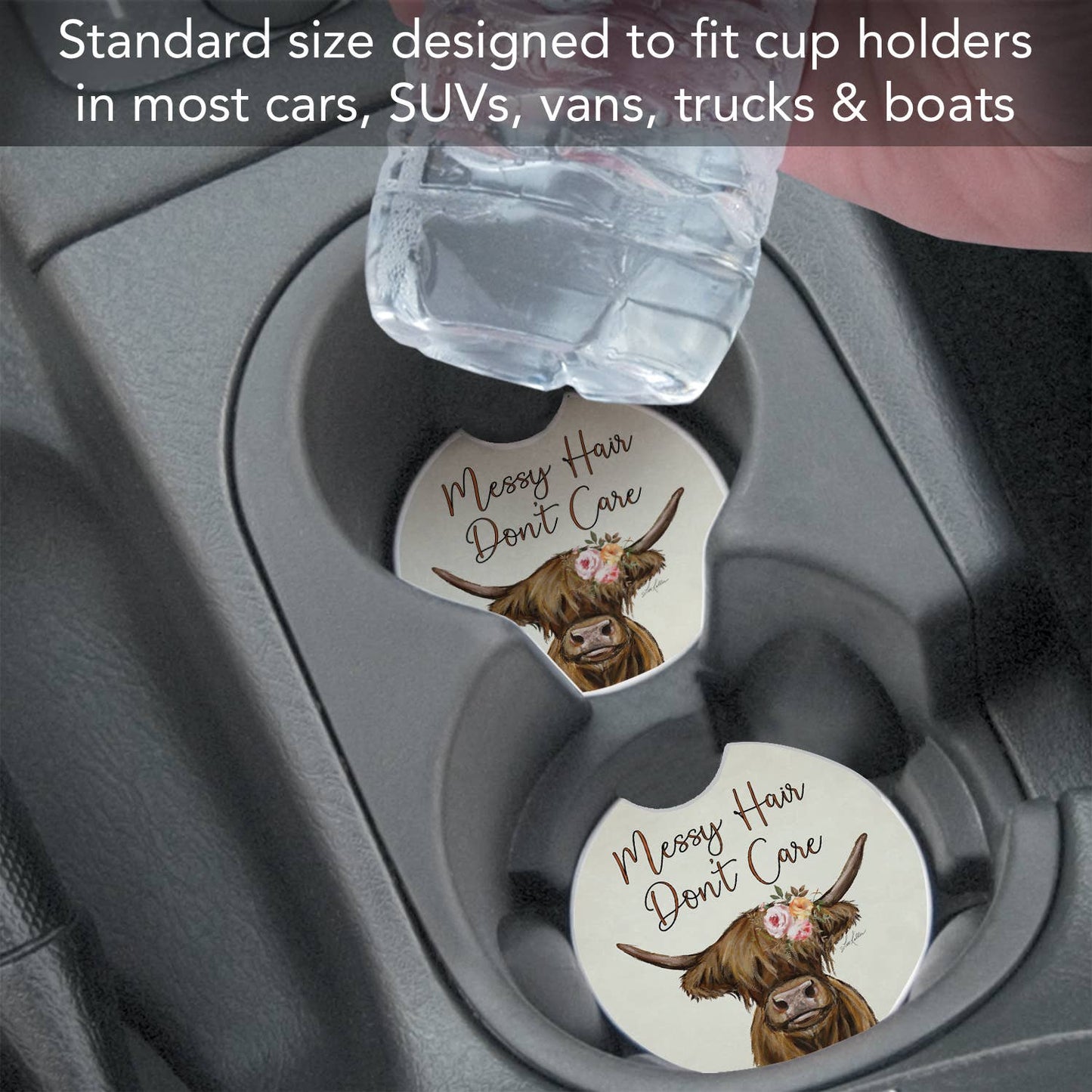 "Messy Hair Cow" Absorbent Stone Car Coaster 1pk