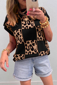 Leopard Checkerboard Short Sleeve Sweater