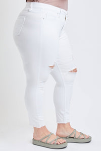 Plus Size Tummy Control Skinny Jeans – Double Slanted Frayed Hem, Distressed, High Rise
