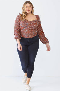Plus Size Floral Print Square Neck Top – Smocked Back Long Sleeve Blouse