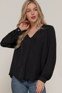 Long Sleeve V-Neck with Pleats Satin Blouse