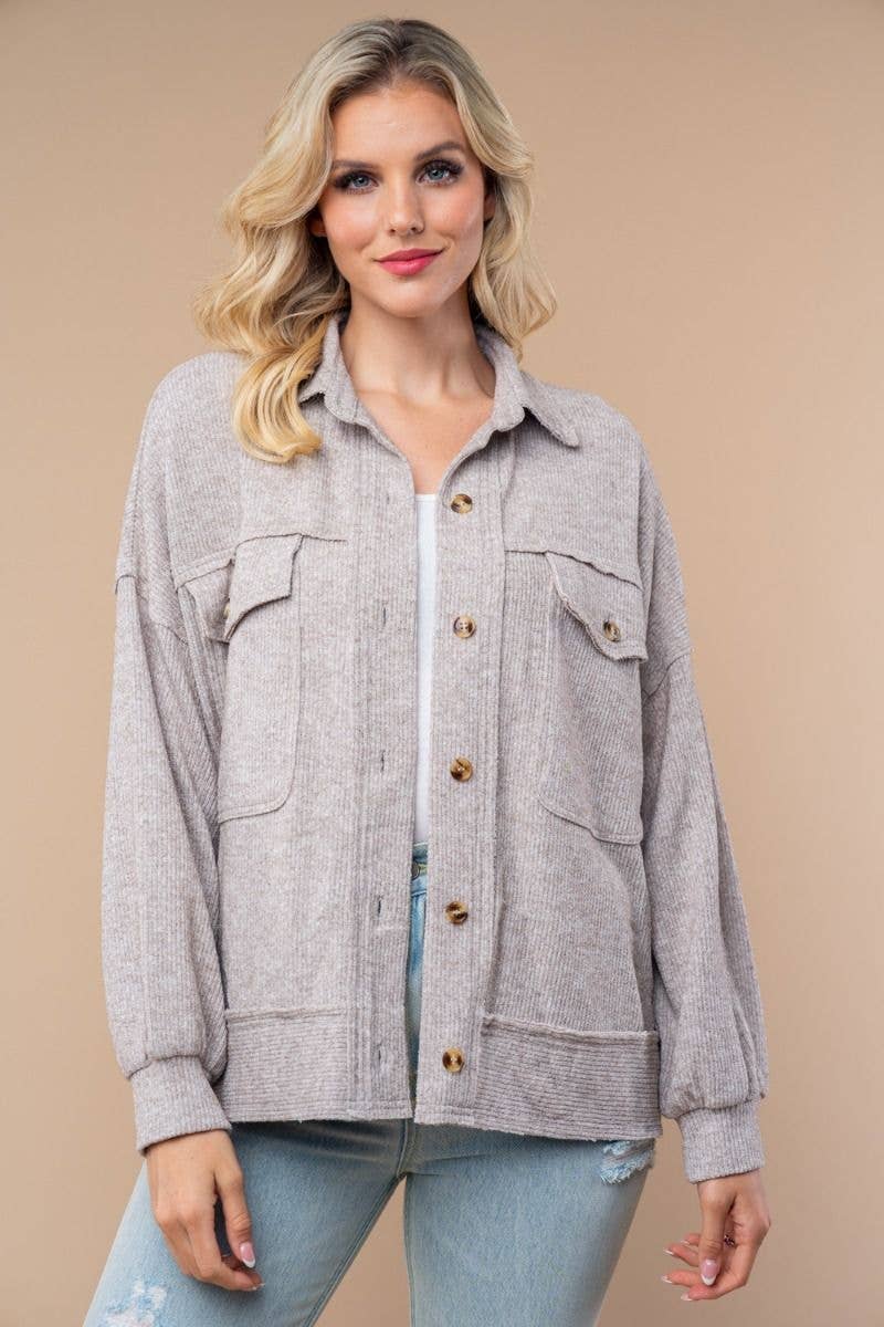 Lightweight Ribbed Knit Button-Down Jacket with Patch Pockets