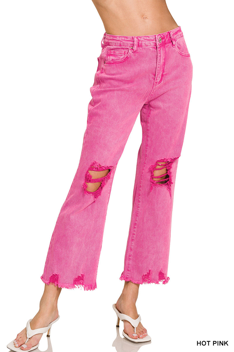 Acid Washed High Waist Distressed Straight Leg Pants