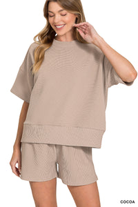 RIBBED ROUND NECK WAIST BANDED TEE & SHORTS SET