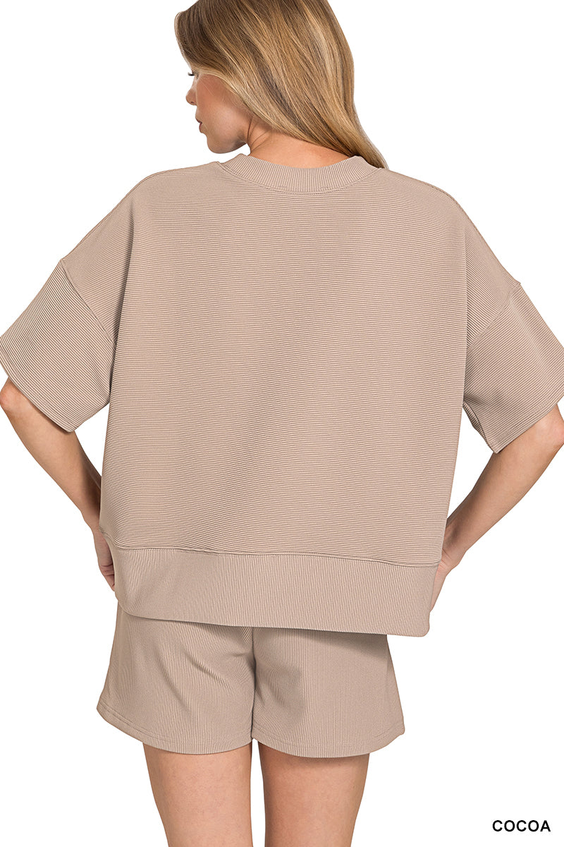 RIBBED ROUND NECK WAIST BANDED TEE & SHORTS SET