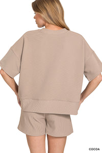 RIBBED ROUND NECK WAIST BANDED TEE & SHORTS SET