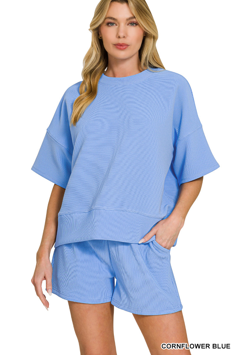 RIBBED ROUND NECK WAIST BANDED TEE & SHORTS SET