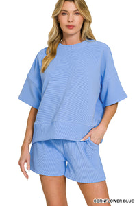 RIBBED ROUND NECK WAIST BANDED TEE & SHORTS SET