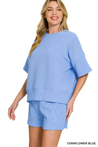 RIBBED ROUND NECK WAIST BANDED TEE & SHORTS SET