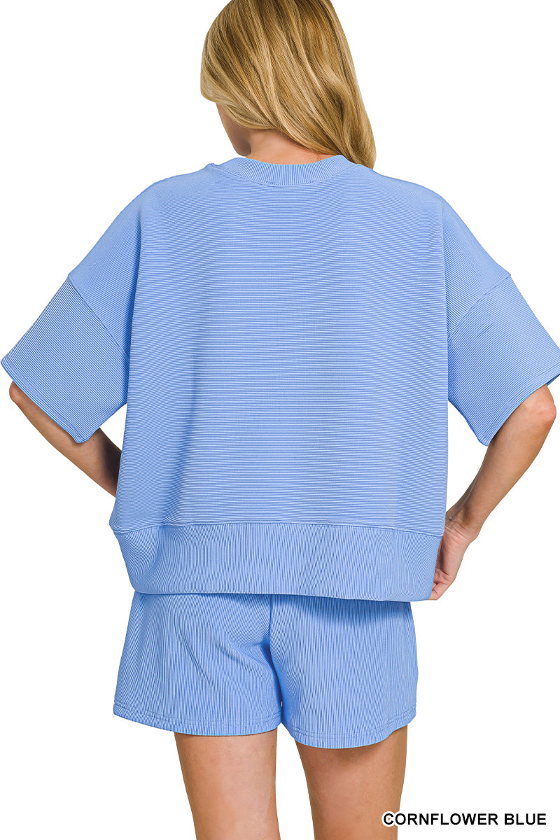 RIBBED ROUND NECK WAIST BANDED TEE & SHORTS SET