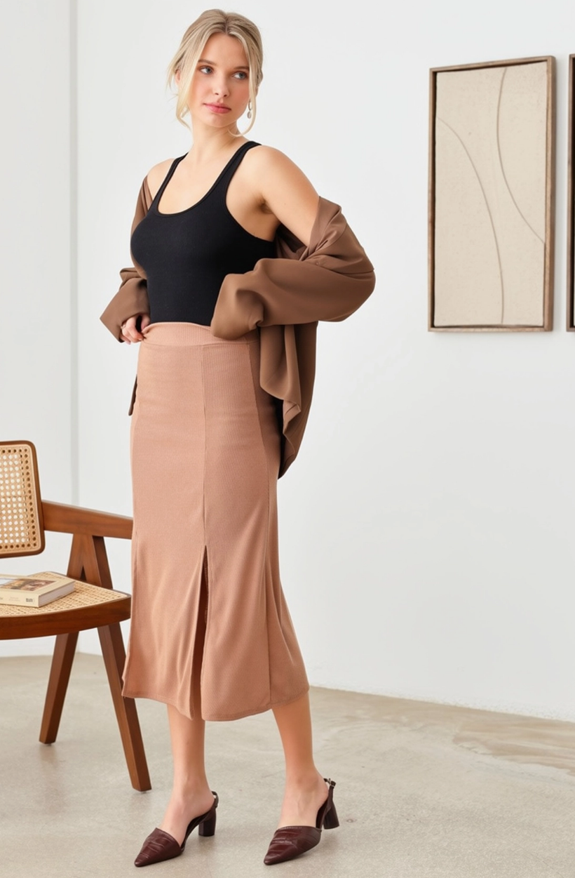 Ribbed Two Front Slit Midi Skirt