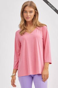 Plus Size Signature Classic V-Neck Top – Wrinkle-Free 3/4 Sleeve Stretch Blouse