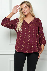 Plus Size Gold Dash Foil Blouse – Cuff Sleeve Smock Shoulder V-Neck