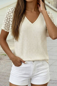 V Neck Textured Knit Floral Lace Short Sleeve Top