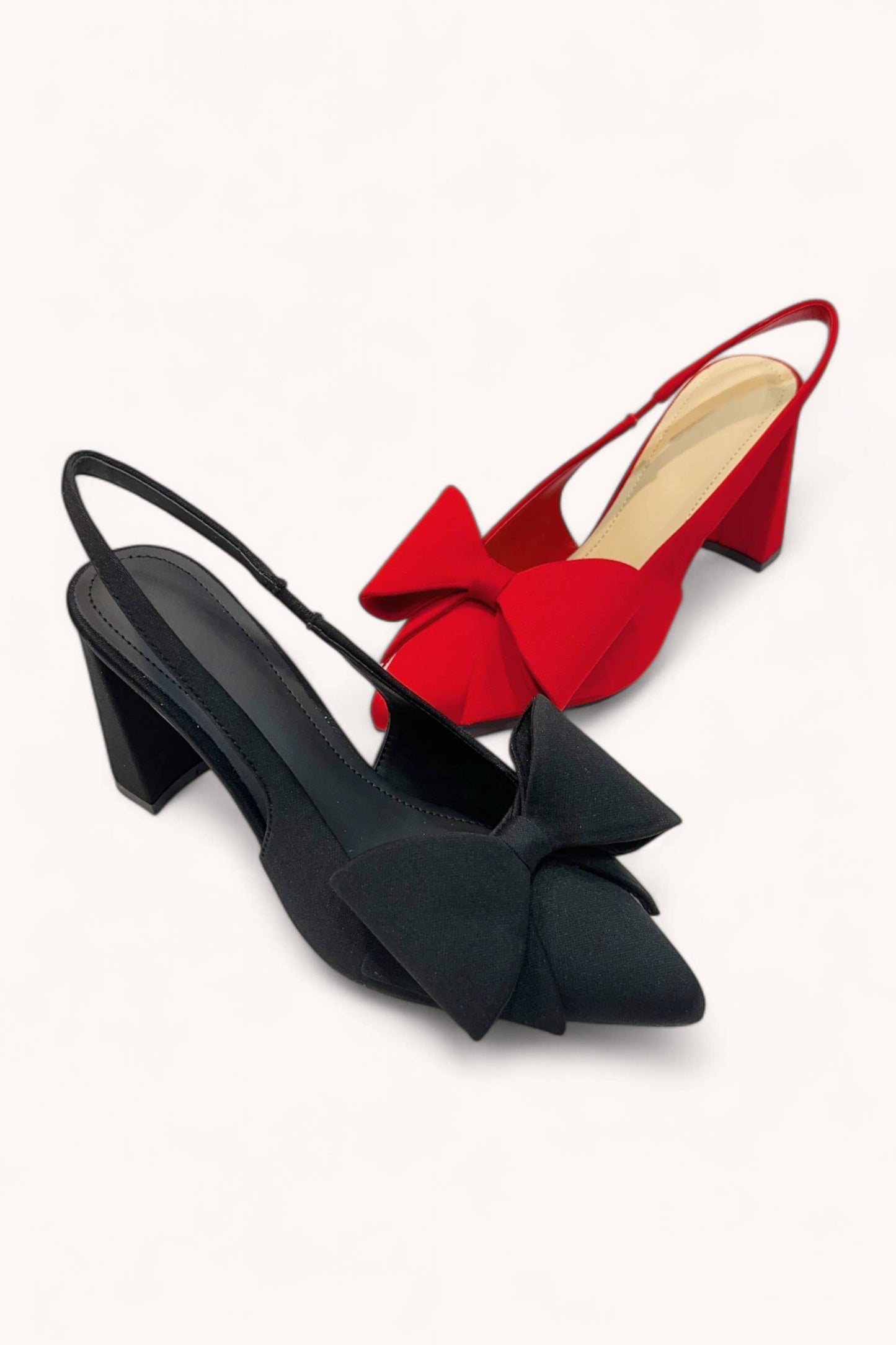 Elegant Bow Slingback Heels – Pointed Toe, Fabric Upper & Block Heel