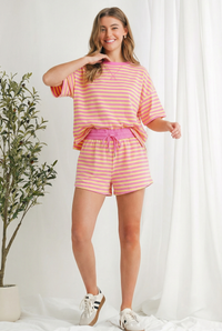Stripe Print Contrast Trim 2pcs Shorts Set