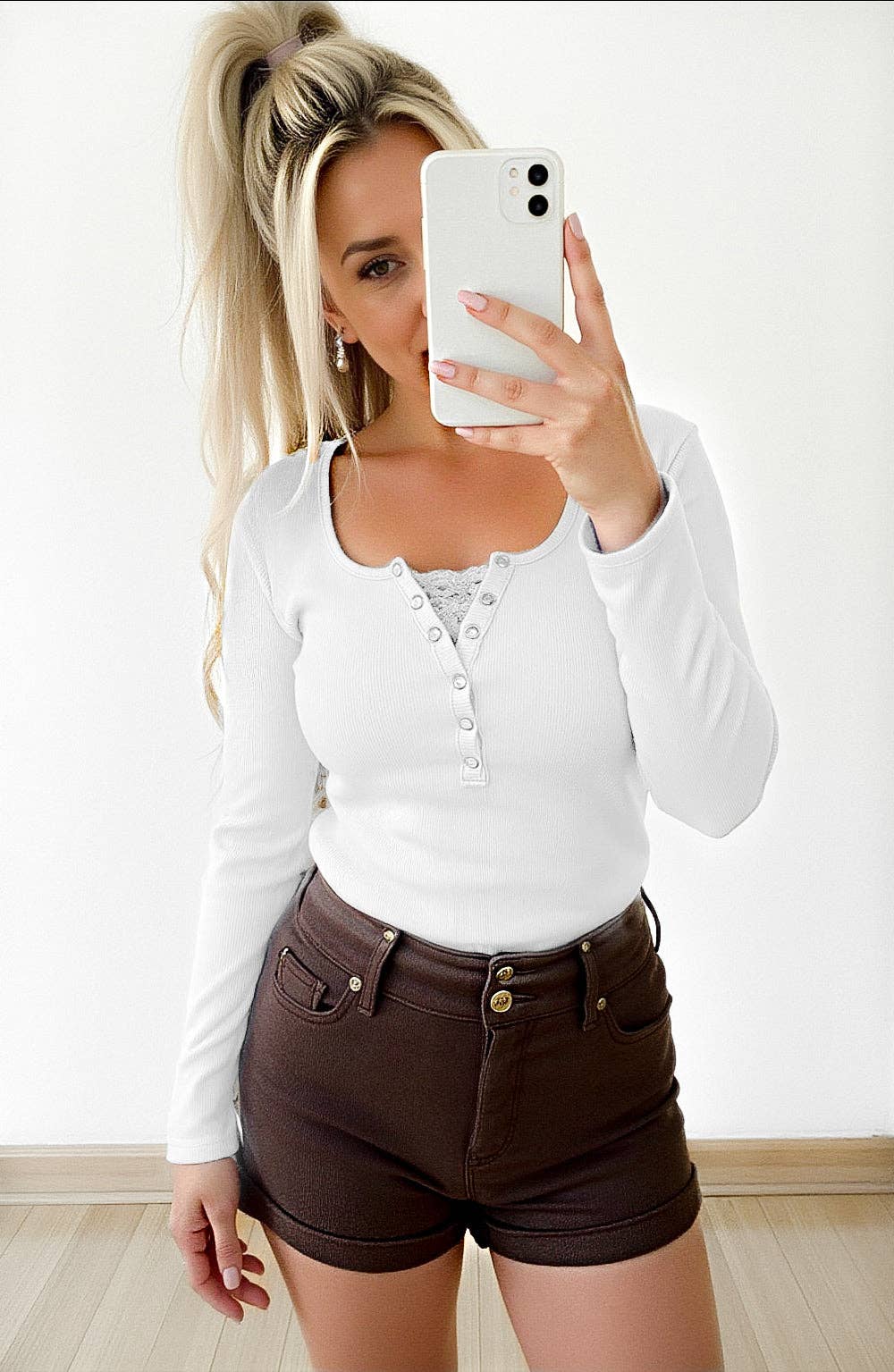 Ribbed Henley Top with Lace Peekaboo Detail