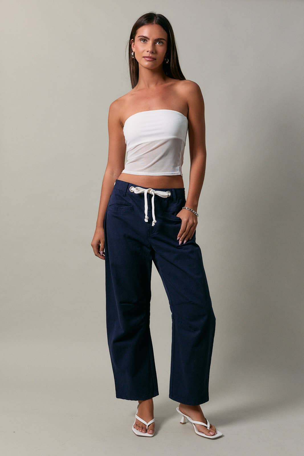 HIGH-RISE EYELET DETAIL BARREL PANTS