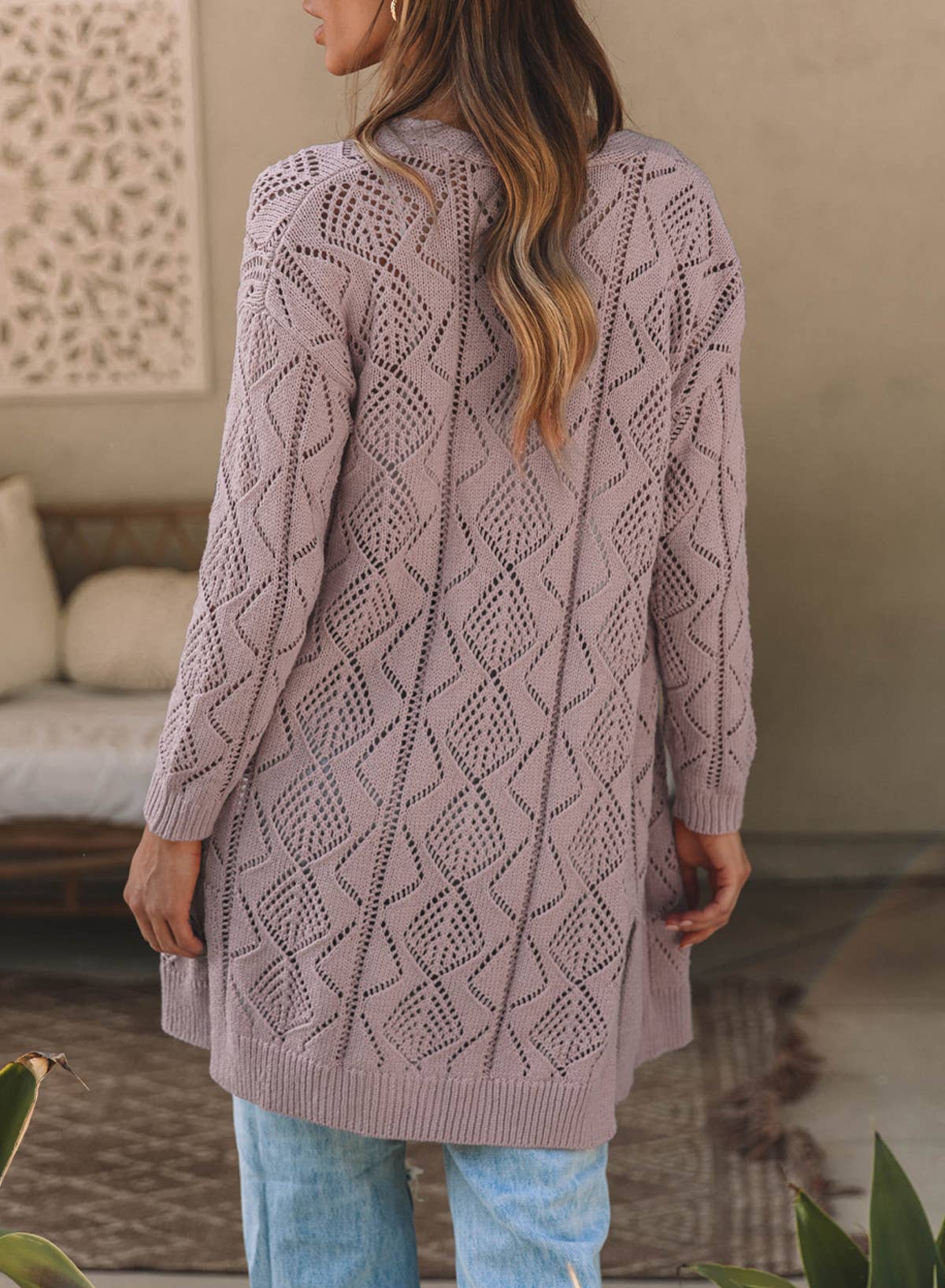 Button-Front Knit Cardigan with Openwork Detail