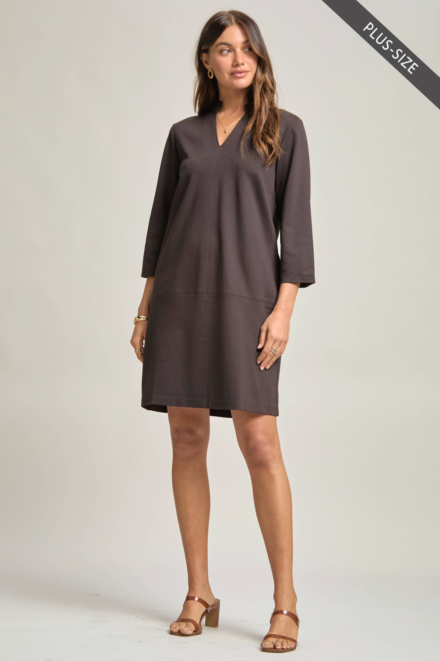 PLUS SIZE Magic Ponte A-Line Dress with Mandarin Collar – Work-Appropriate & Everyday Chic