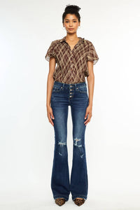MID RISE BUTTON UP DISTRESS FLARE JEANS