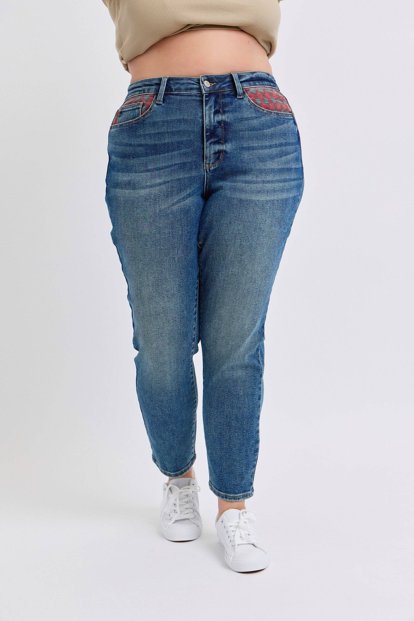 Judy Blue Plus Size High Waisted Plaid Patch Slim Jeans