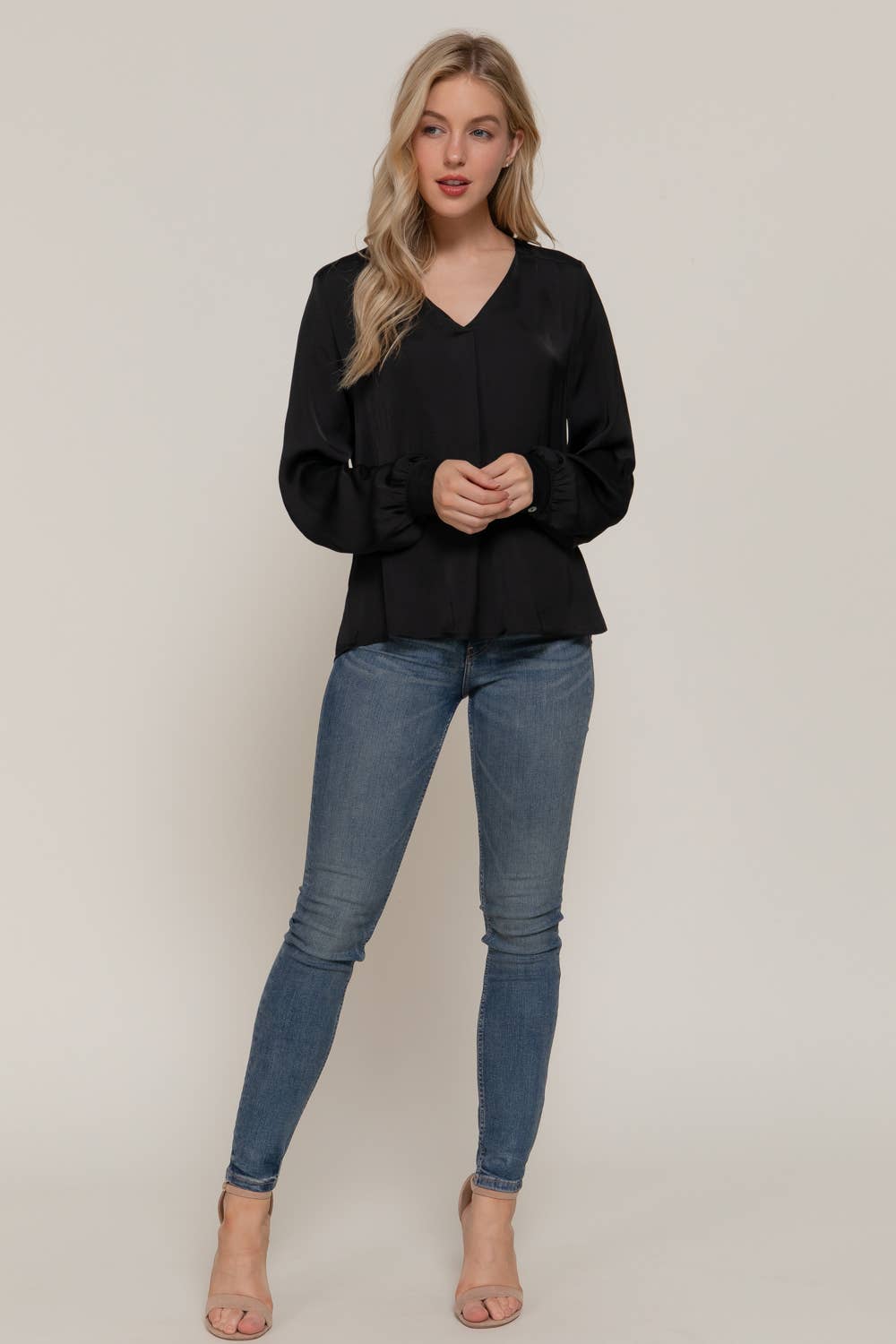 Long Sleeve V-Neck with Pleats Satin Blouse