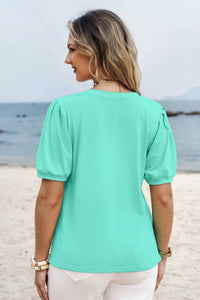 Solid Color V Neck Short Puff Sleeve Blouse