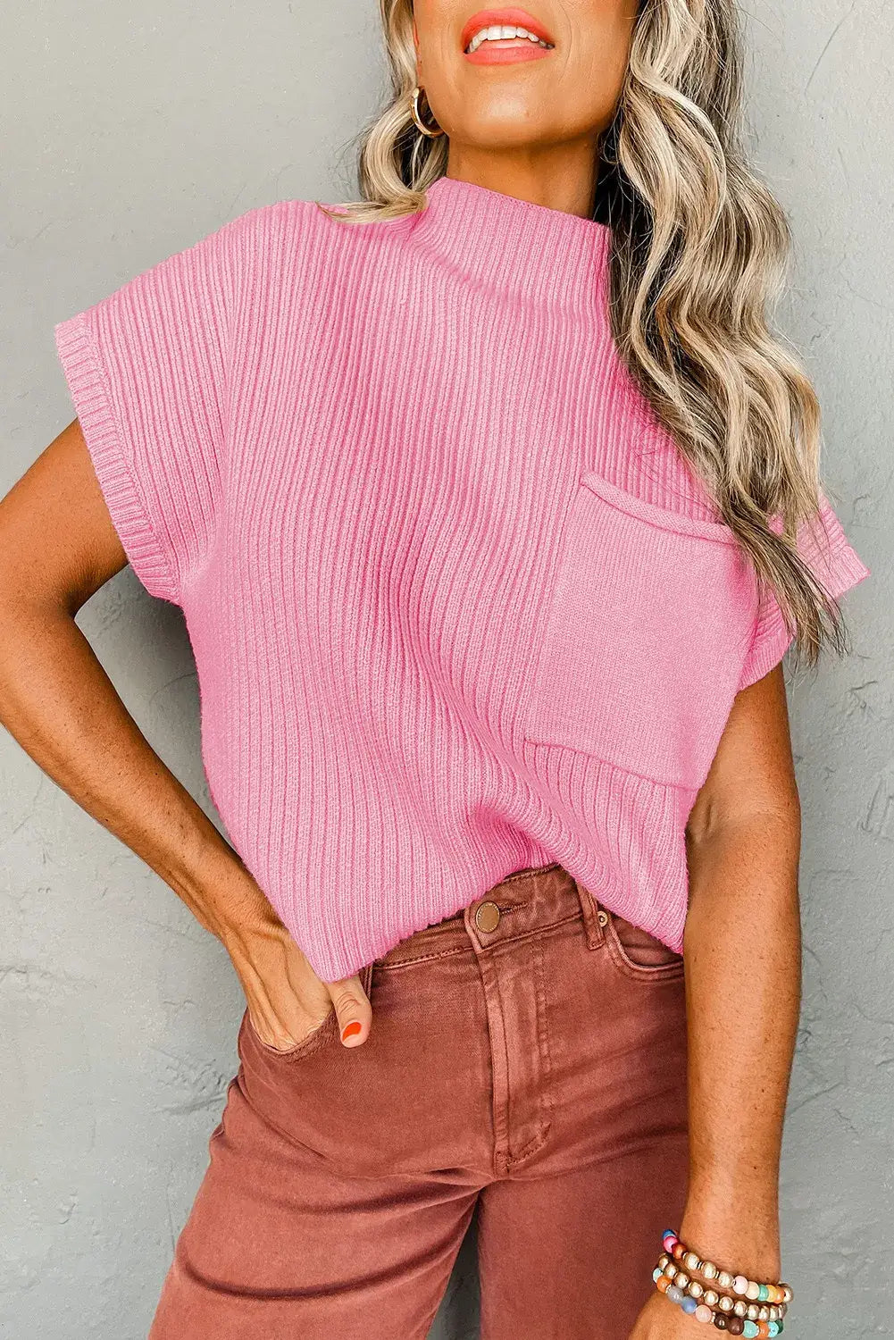 Ribbed Knit Short Sleeve Top with Pocket – Cozy & Stylish Everyday Wear
