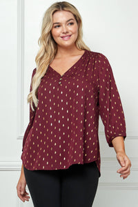 Plus Size Gold Dash Foil Blouse – Cuff Sleeve Smock Shoulder V-Neck