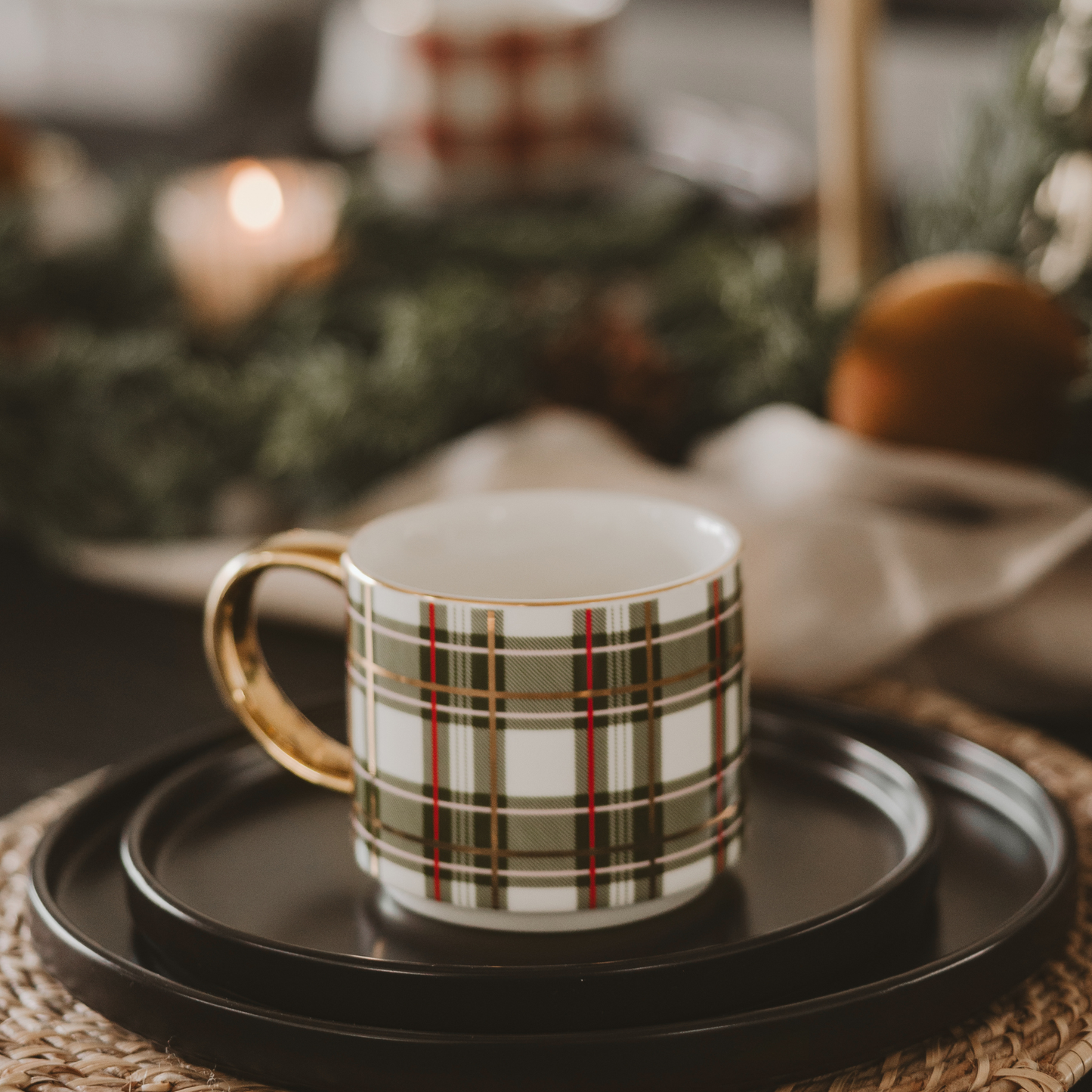 Green Plaid Holiday Mug – 14oz Gold Accent Christmas Coffee Cup