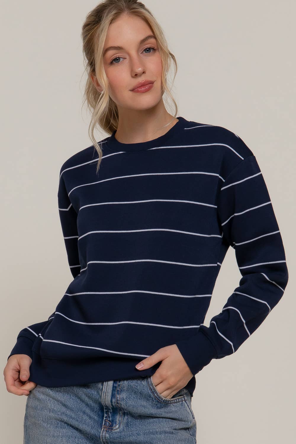 Long Sleeve Engineer Stripe Inner Fleece Sweatshirt