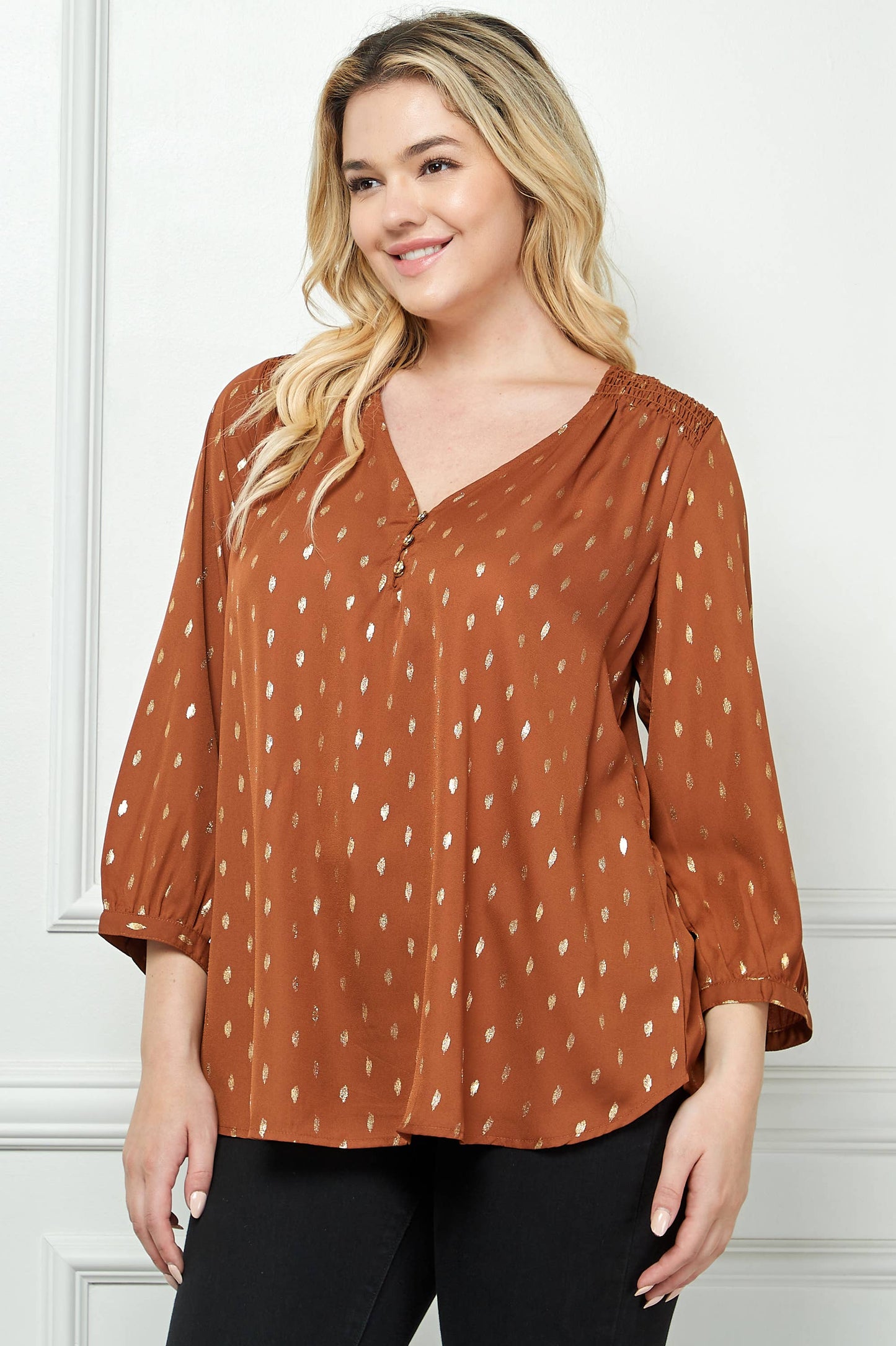 Plus Size Gold Dash Foil Blouse – Cuff Sleeve Smock Shoulder V-Neck