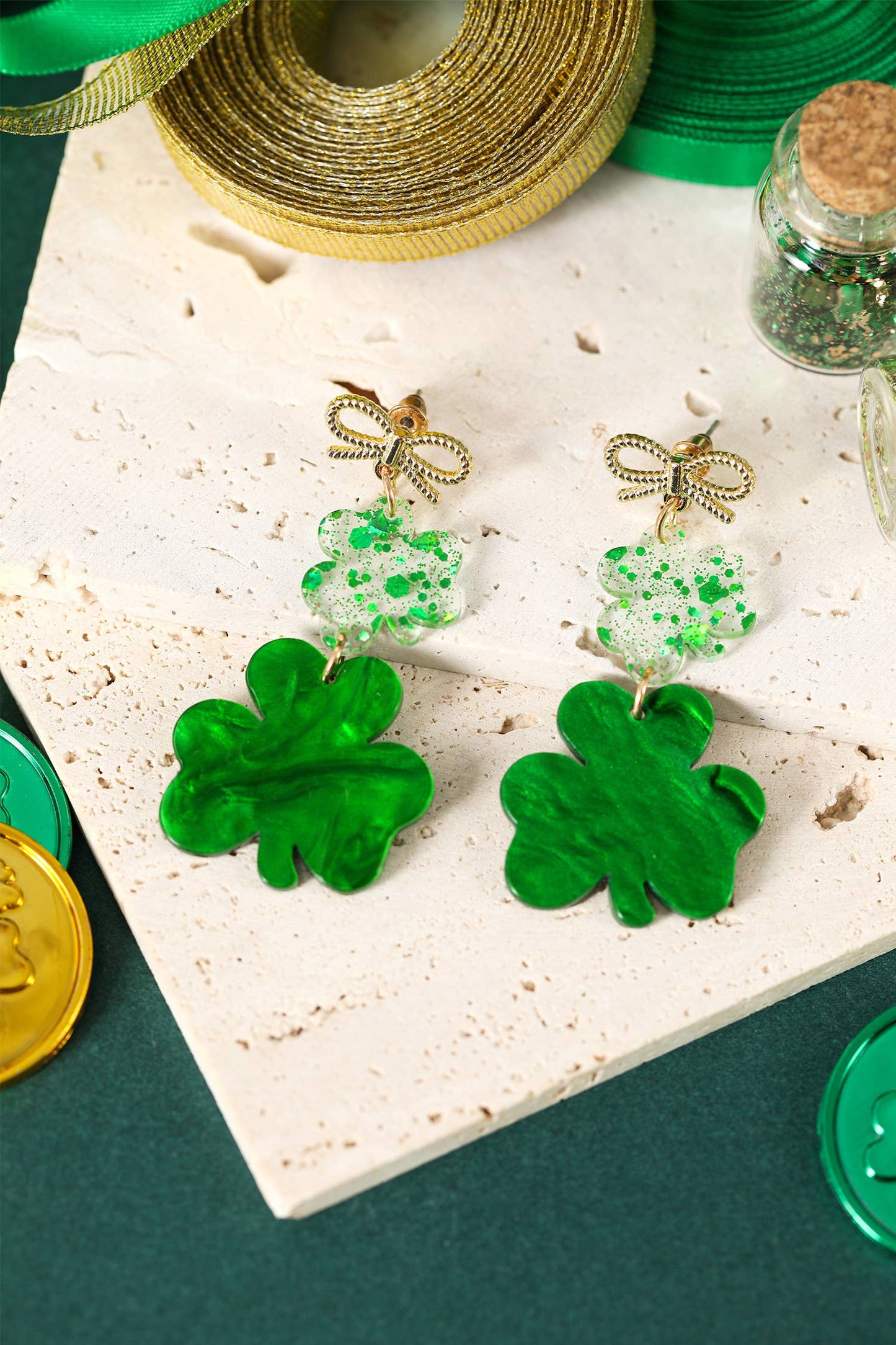 Clover Glitter Bow Drop Earrings Fashion Jewelry
