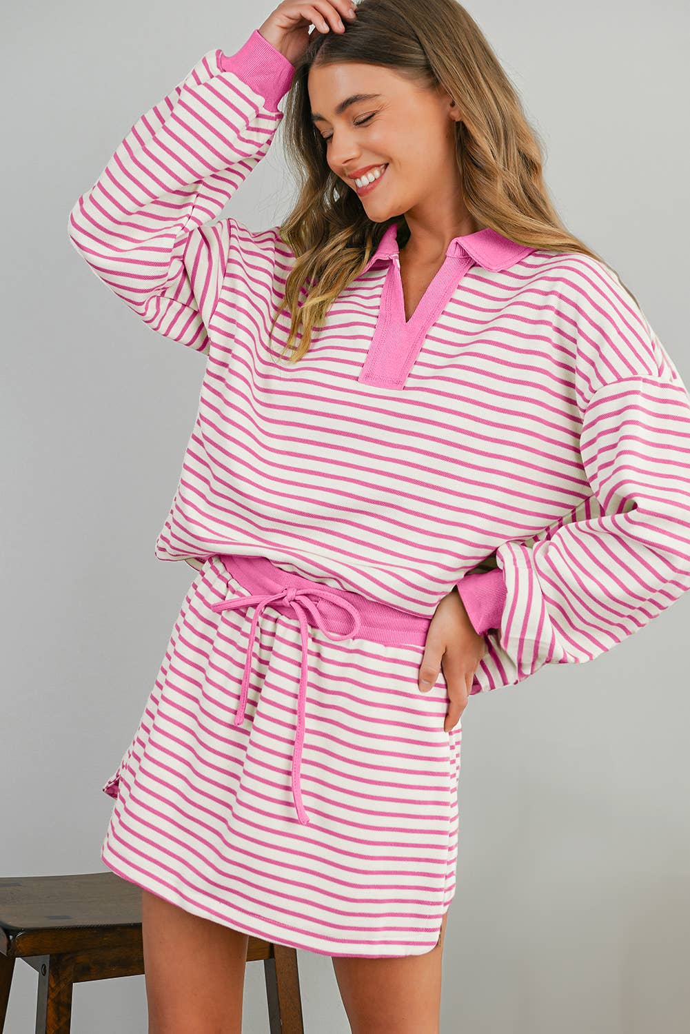 Stripe Collared Pullover & Skort 2pcs Outfit