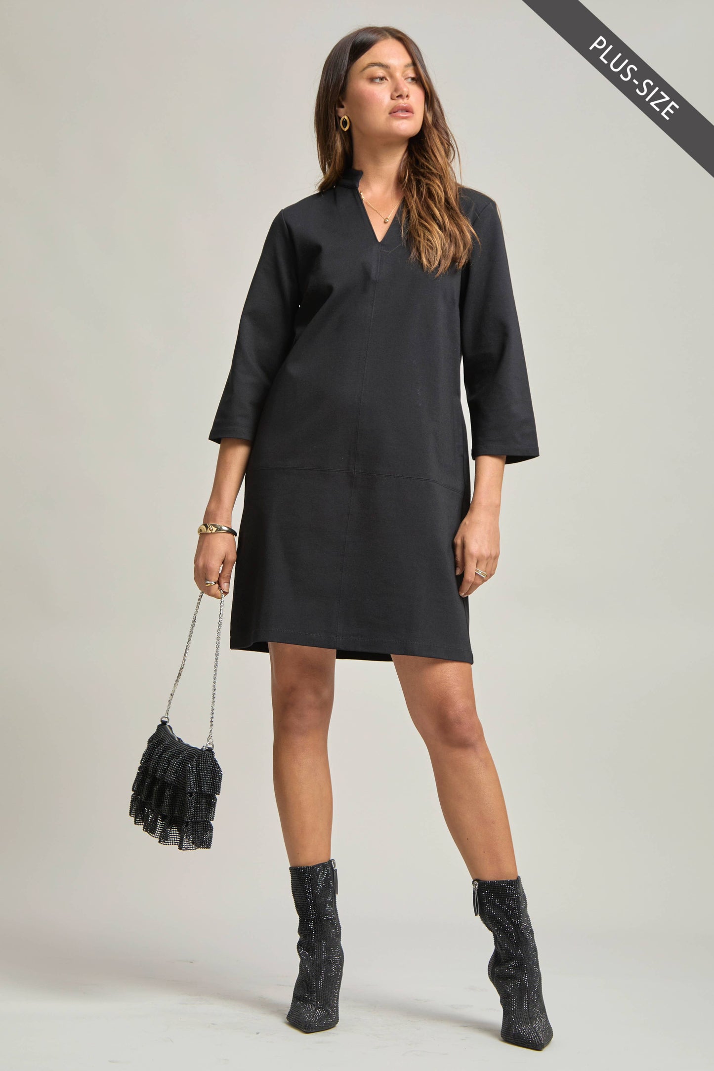 PLUS SIZE Magic Ponte A-Line Dress with Mandarin Collar – Work-Appropriate & Everyday Chic