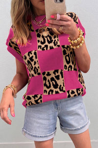 Leopard Checkerboard Short Sleeve Sweater