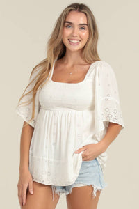 EYELET EMBROIDERED KIMONO SLEEVE SMOCKED BUST TOP