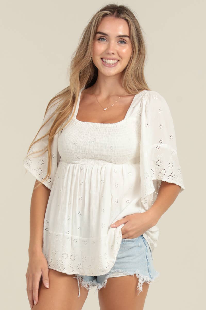 EYELET EMBROIDERED KIMONO SLEEVE SMOCKED BUST TOP