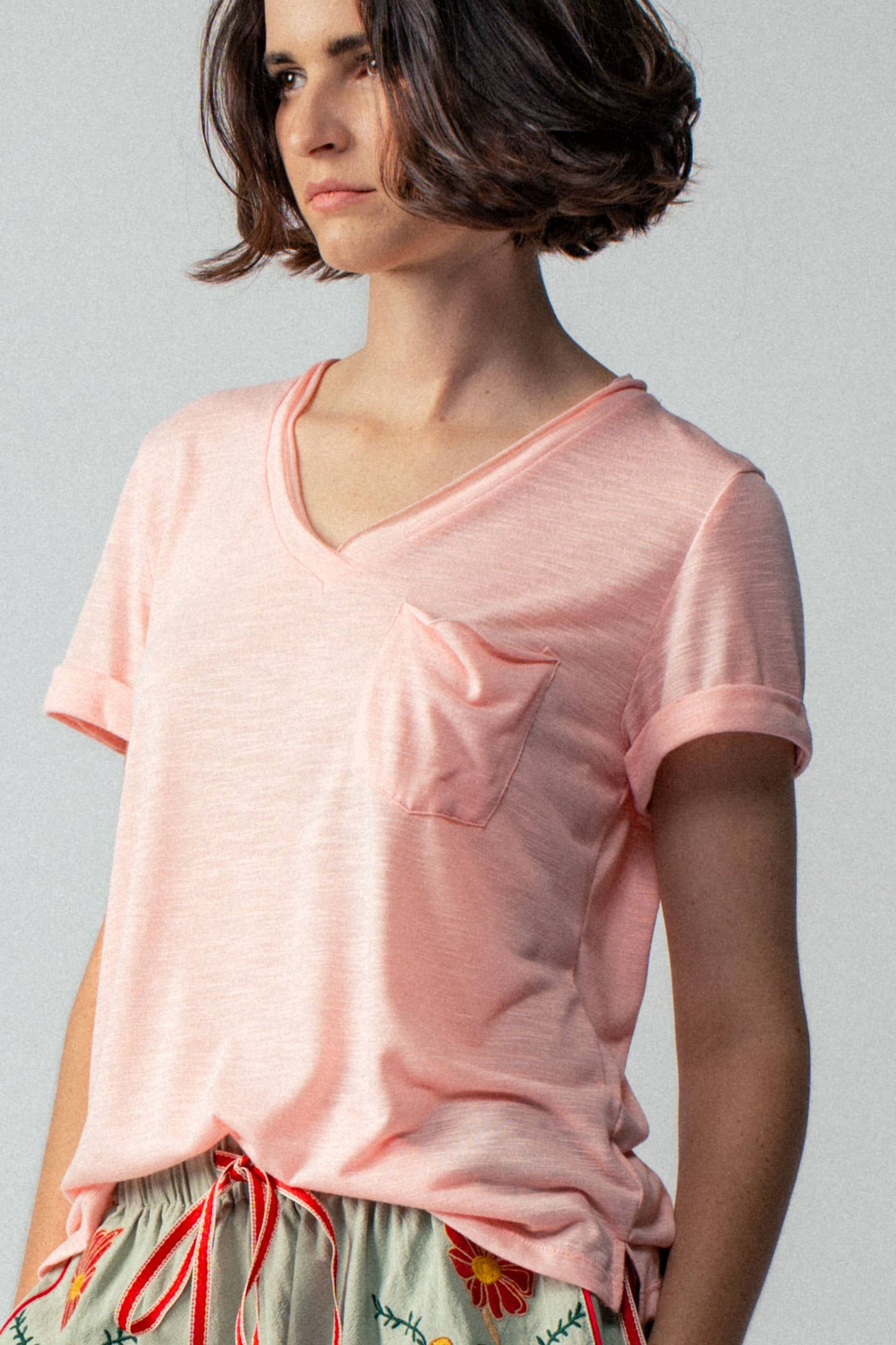 Rolled Sleeve V-Neck Pocket Tee