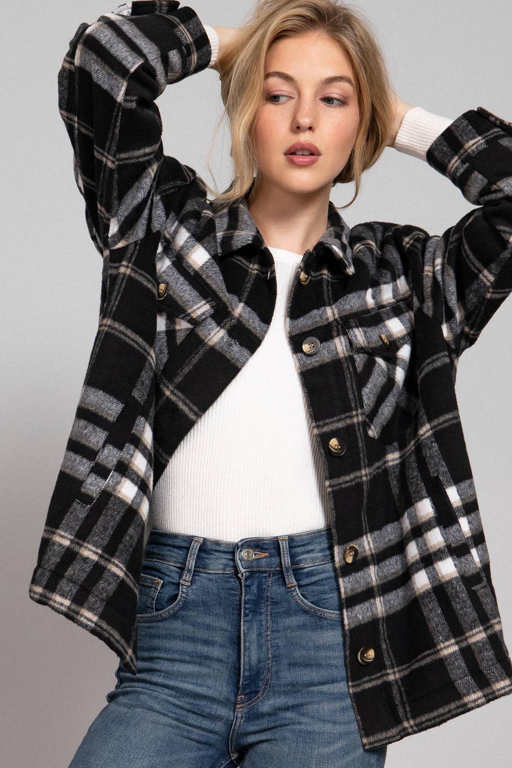 Long Sleeve Inside Faux Fur Brushed Plaid Jacket