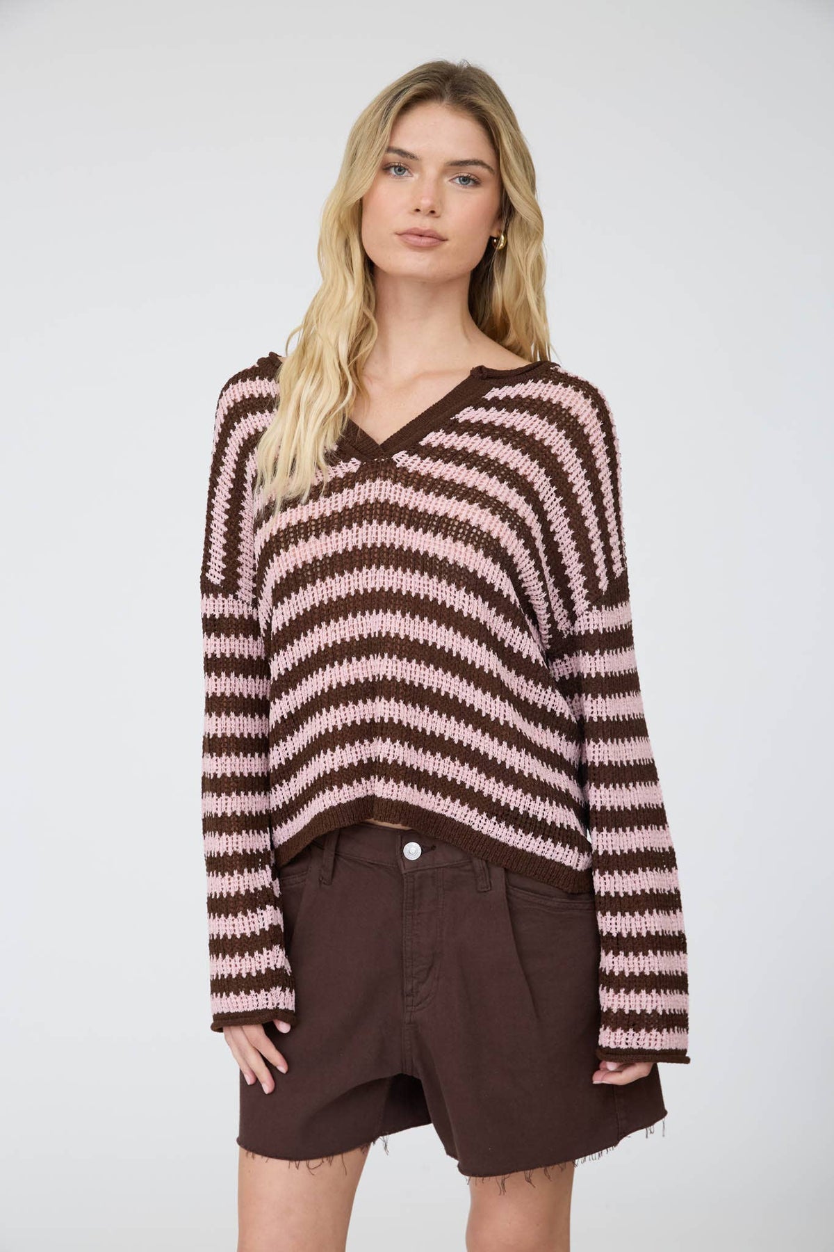 Stripe raw edge split neck sweater