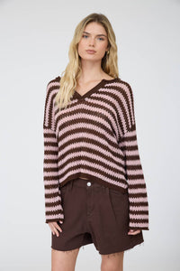 Stripe raw edge split neck sweater