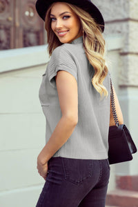 Patch Pocket Ribbed Knit Short Sleeve Sweater