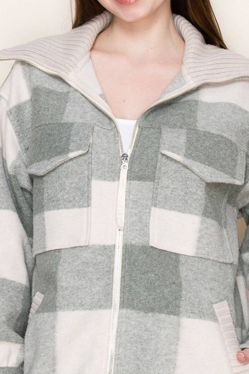 Checkered Knit Zip-Up Jacket
