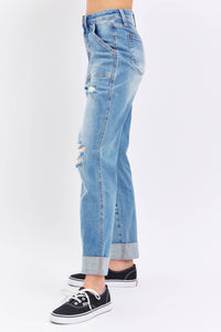 Judy Blue Plus Size High Waisted Distressed Boyfriend Jeans with Patch Pockets