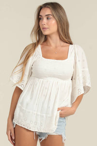EYELET EMBROIDERED KIMONO SLEEVE SMOCKED BUST TOP