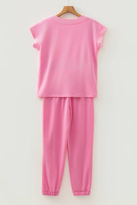 V Neck Tee Texture Patchwork Drawstring Pant Set