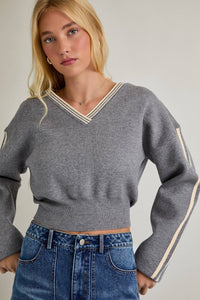 V-NECK STRIPED CONTRAST WAISTED RIB SWEATER